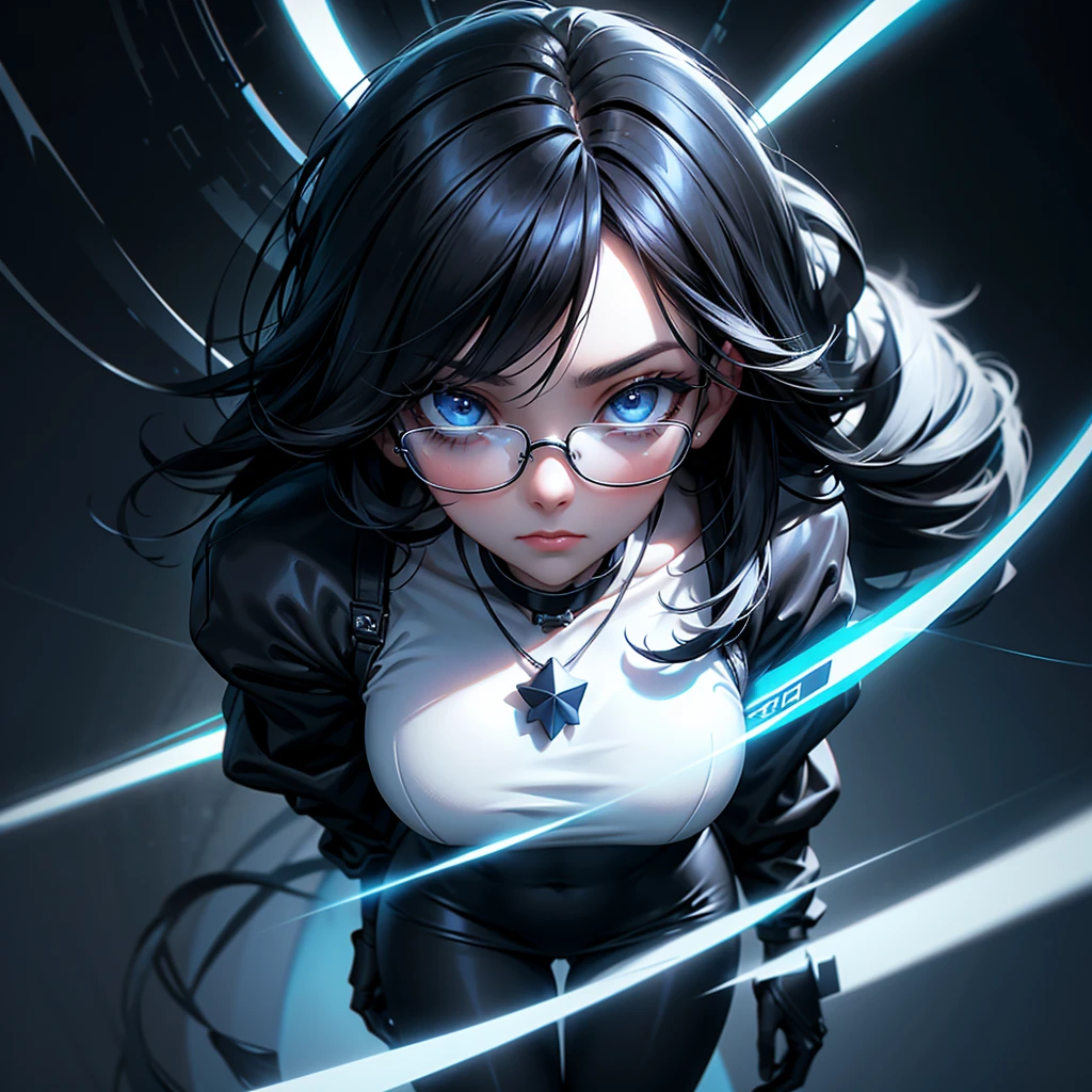 Make a girl with medium black hair, cyber themed tight clothes, Colors black, blue and white. Slanted eyes in black, wearing white round glasses, wearing a star necklace and a completely plain white dress.