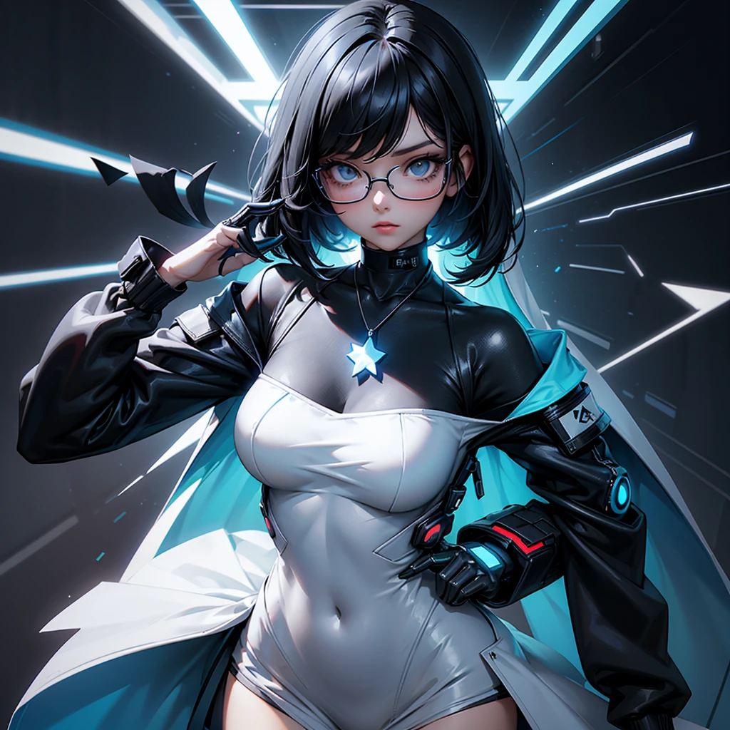 Make a girl with medium black hair, cyber themed tight clothes, Colors black, blue and white. Slanted eyes in black, wearing white round glasses, wearing a star necklace and a completely plain white dress.