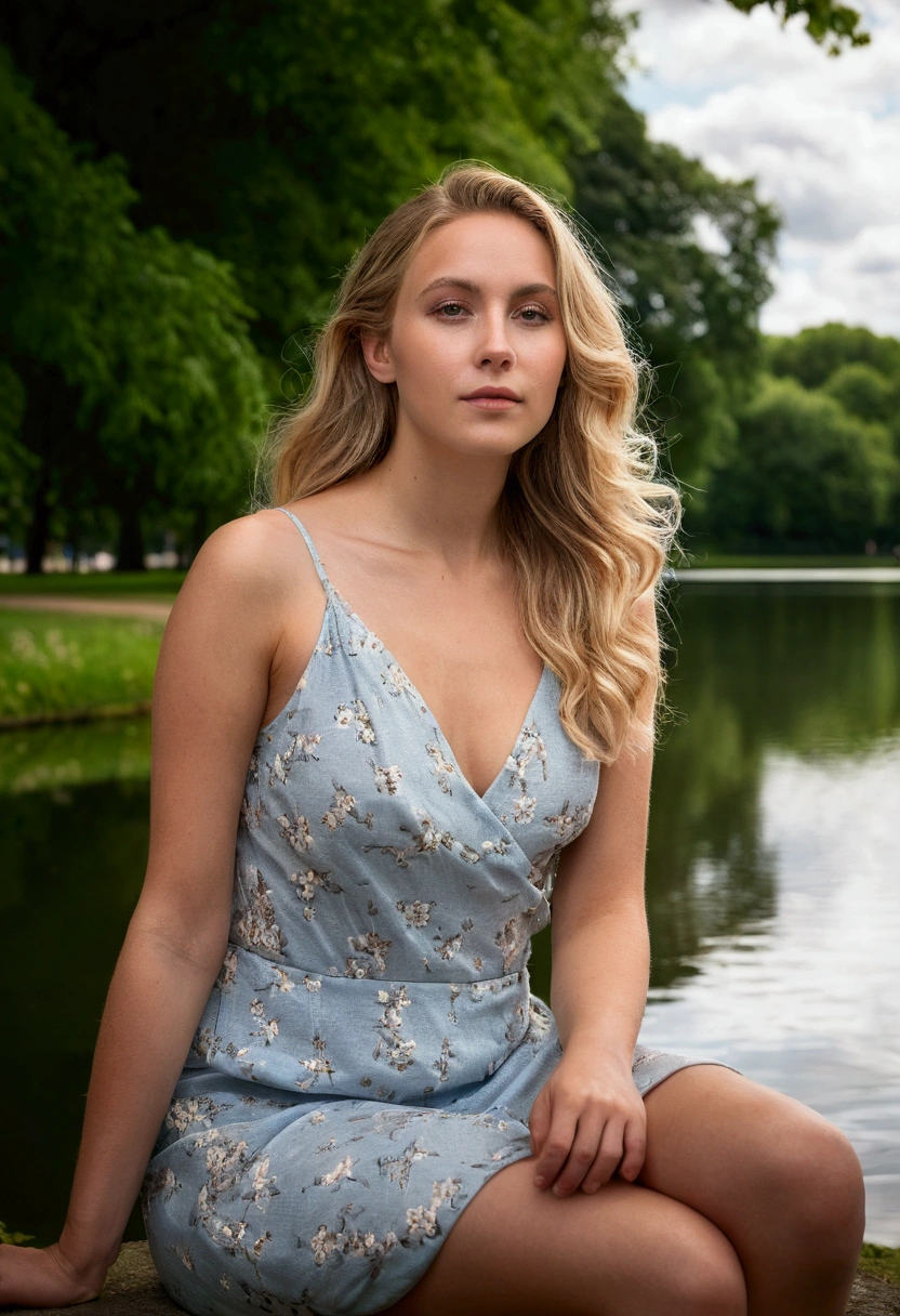 proFessional portrait photograph oF a gorgeous 18 year, nude Norwegian girl Lise Olsen sits peaceFully near the edge oF a tranquil lake in one oF the city's picturesque parks,lush green trees and the iconic London skyline with a hint oF historical architecture can be seen. La luz del sol arroja un cálido resplandor, reFlecting oFF the calm water, creando una atmósfera serena y calmante, con cabello rubio largo y ondulado,Ojo azul,sultry Flirty look, gorgeous symmetrical Face, lindo maquillaje natural,wearing a light summer dress with Floral patterns,ultra realista,elegant, muy detallado, Intrincado, sharp Focus, depth oF Field, F/1. 8, 85mm,(((proFessionally color graded))), bright soFt diFFused light, (volumetric Fog), tendencia en instagram, hdr 4k, 8K