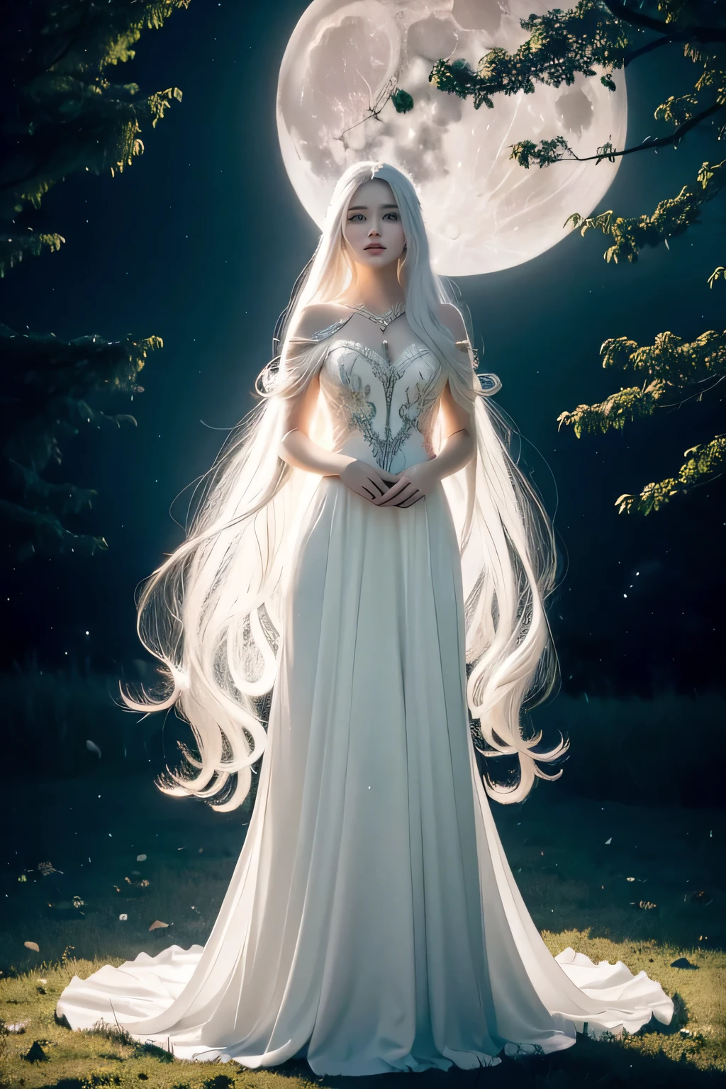 1 girl, standing on a large stone, (viewed from below), (long white hair), (wearing white gown), (arms extended), Ethereal fantasy concept art, fantasy artwork, intricate artwork,(full body portrait:1.2), ((looking at a person not in the image)), (Spirit of the Moon), (long white hair), (silver eyes), magnificent, celestial, ethereal, magical, fantasy art, cover art, dreamy, elegant, beautiful, (background is a forest at night), (dark sky, full moon), (wearing white gown with moon symbols), night, full moon, forest background,  glowing flowers ((best quality)), ((masterpiece)), (detailed), 