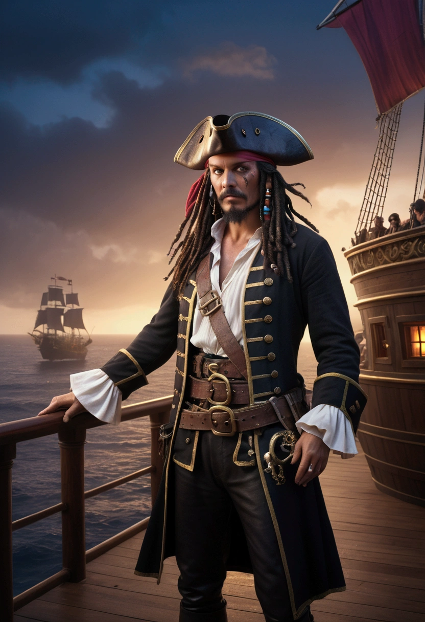 (Pirate War), Pirates boarding enemy ship and robbery, fire, captivating chiaroscuro, dynamic movement, astropunk, full body, (special effects:0.1), award-winning, cinematic still, emotional, vignette, dynamic, vivid, (masterpiece, best quality, photorealistic, Professional, perfect composition, very aesthetic, absurdres, ultra-detailed, intricate details:1.3)