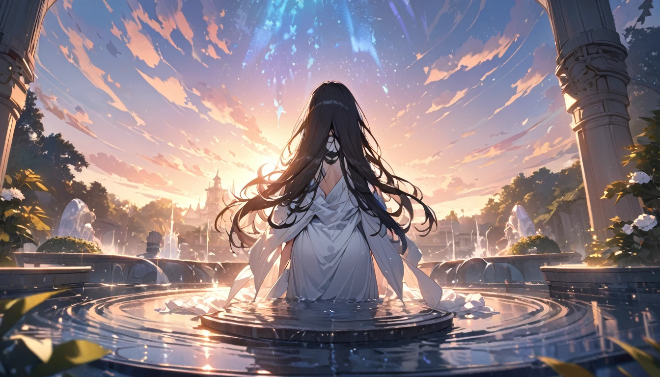 A girl praying in a fountain, with a splash, Black long hair, A melancholic look, White kimono, masterpiece, best quality, high quality, detailed, ultra detailed, hyper detailed, insanely detailed, exquisite, beautiful, Full-HD, 4K, 8K, 16K, in the morning, beautiful, fantasy, mystical atmosphere, chill atmosphere, classic academia, soft-edged, front view, dynamic angle, wide shot, sunrise, warm lighting, 1/1000 sec shutter speed, in focus with blurred background