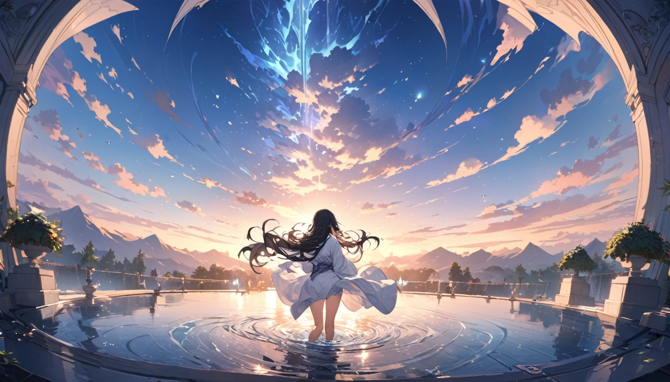 A girl praying in a fountain, with a splash, Black long hair, A melancholic look, White kimono, masterpiece, best quality, high quality, detailed, ultra detailed, hyper detailed, insanely detailed, exquisite, beautiful, Full-HD, 4K, 8K, 16K, in the morning, beautiful, fantasy, mystical atmosphere, chill atmosphere, classic academia, soft-edged, front view, dynamic angle, wide shot, sunrise, warm lighting, 1/1000 sec shutter speed, in focus with blurred background
