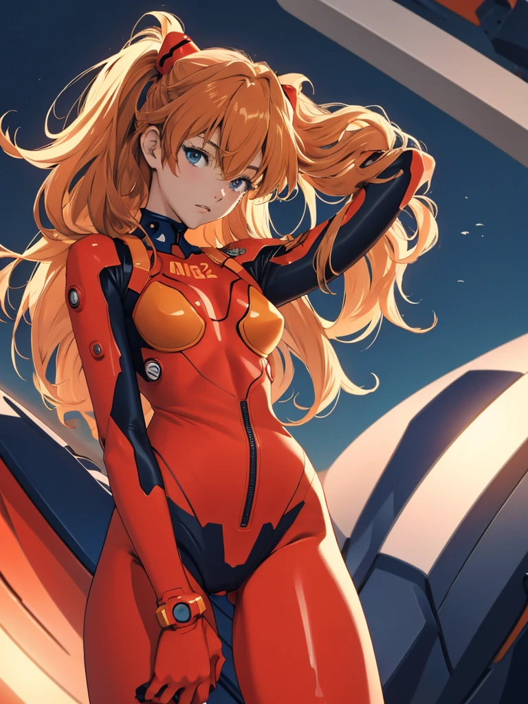 Soryu Asuka Langley, (masterpiece, Highest quality, detailed), One girl, alone, Put your arms behind your head, Cowboy Shot, Interface Headset, Red bodysuit, Simple Background.