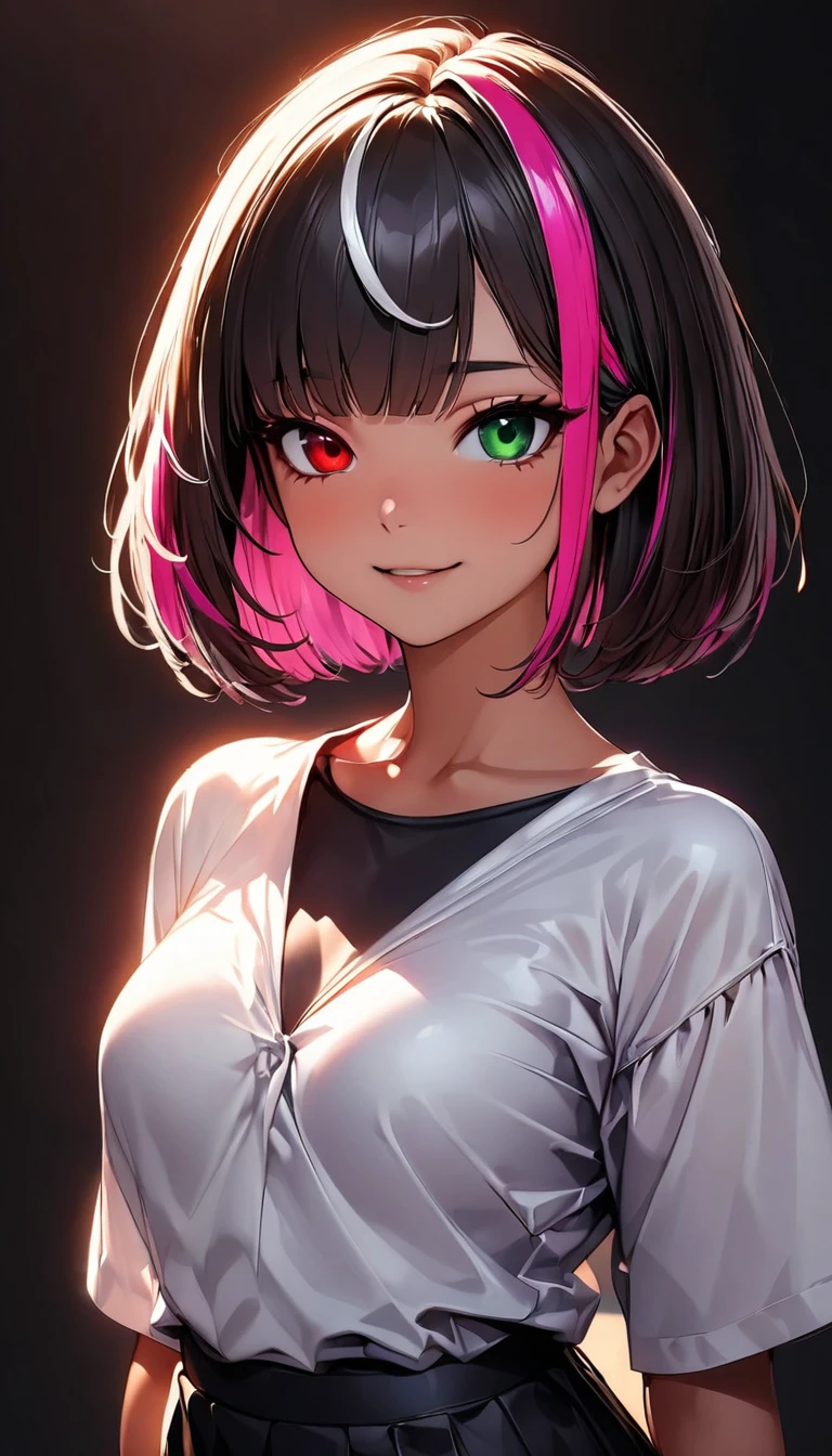 (highest quality:1.2, Very detailed, up to date, Vibrant, Ultra-high resolution, High Contrast, masterpiece:1.2, highest quality, Best aesthetics), Portraiture、girl、solo, (25-years-old:1), slim, heterrochromia, green eye, red eye, Bright colors、Beautiful fine details、Beautiful lip detail、extra short hair, ((bob cut:1.5))、pink and purple, ((streaked hair:1.9)), (highlights hair: 1.6), ( black Satin Camisole Set:1), (medium breast:0.7), (tan skin:0.5), (happy:1), standing, Front facing, (No background:1.4), ((Plain white background:1.3)), (cowboy shot:1.6), look at viewer