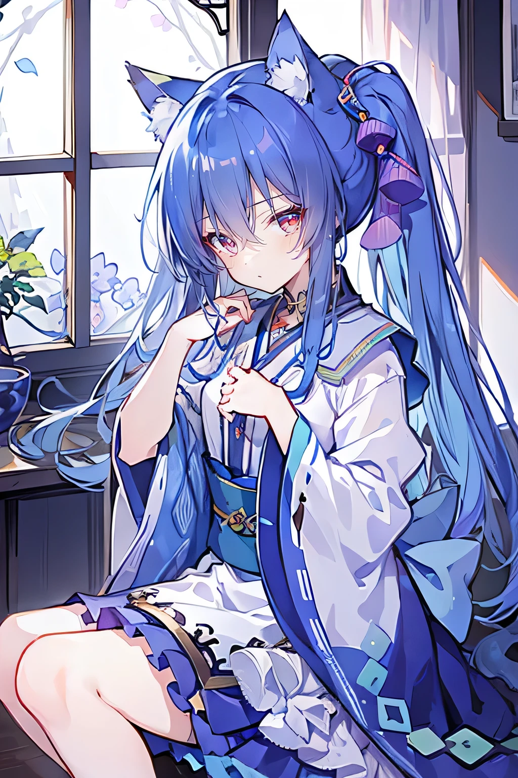 (Masterpiece:1.2),Ultra-detailed,lifelike,The eyes are expressive,Fair skin,Perfect face shape,1 girl,Japanese Manga,Gorgeous blue hair,Flowing blue hair,Flowing clothes,Cat ears,Petals falling,Shy face,sitting on window,Place your hand on your lips,