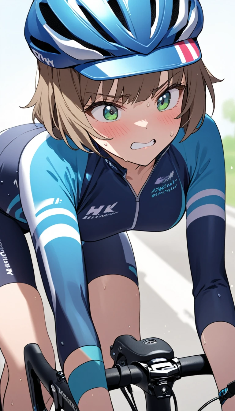 Asahina Nono,brown hair, short hair,purple eyes,  1girl, solo, large breasts., crying , nipple,　Expressway, Riding a bike, nude