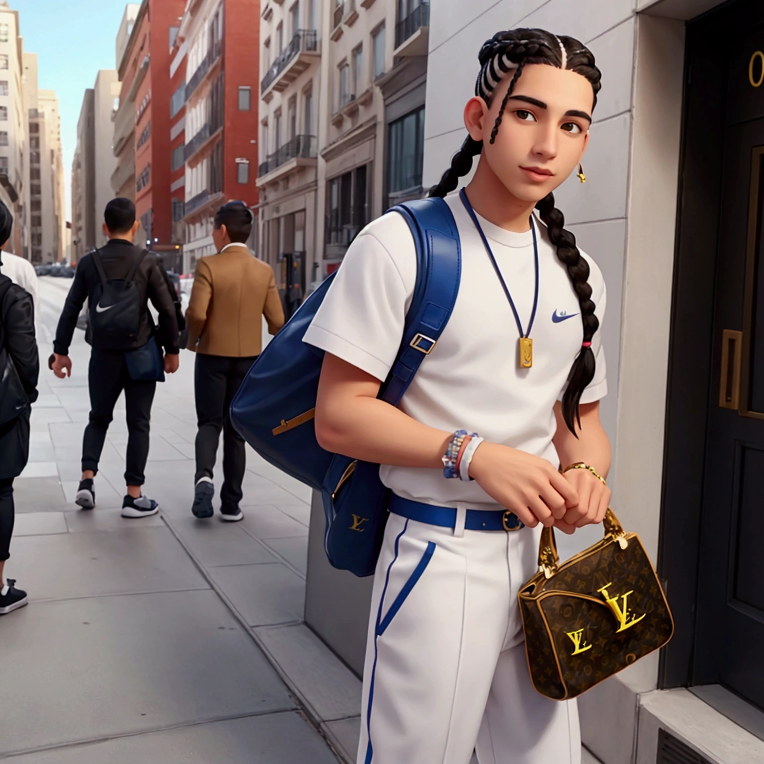 Happy white skin hispanic male with braids wearing nike and Louis Vuitton in the city