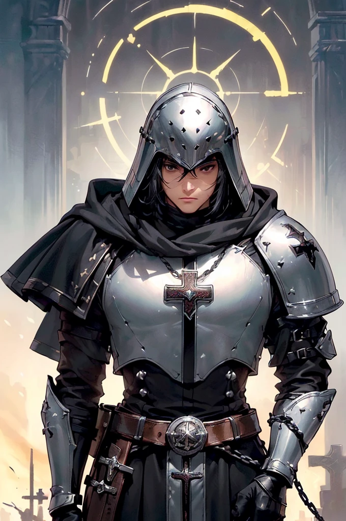 (masterpiece; best quality: 1.2), ((1 man)), ((solo)), (black eyes: 1.4), (body; toned, lean, masculine: 1.3), (beautiful and clear background: 1.2), ((depth of field)), (equipment: templar + surcoat with cross + chainmail shirt + closed helmet + leather gloves + greaves + black cloak : 1.3), (anime illustration: 1.2), (background composition; garden + plants: 1.1), (extremely fine and handsome: 1.1), (shot composition; standing + centered on torso + close-up: 1.5)