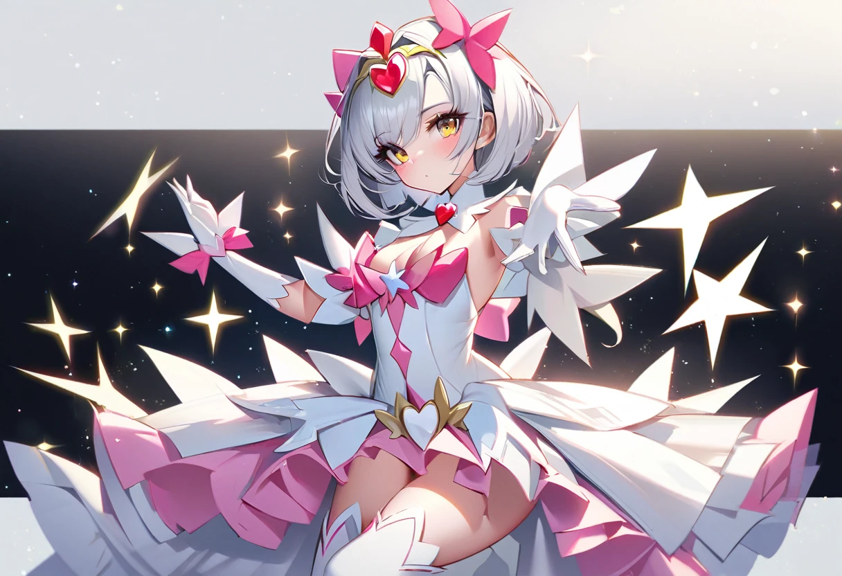 cure holy(magical girl, cool beauty, middle breast, tiara, short hair, silver hair, gold eyes, simple white dress, white long boots, white opera gloves), 振り向き