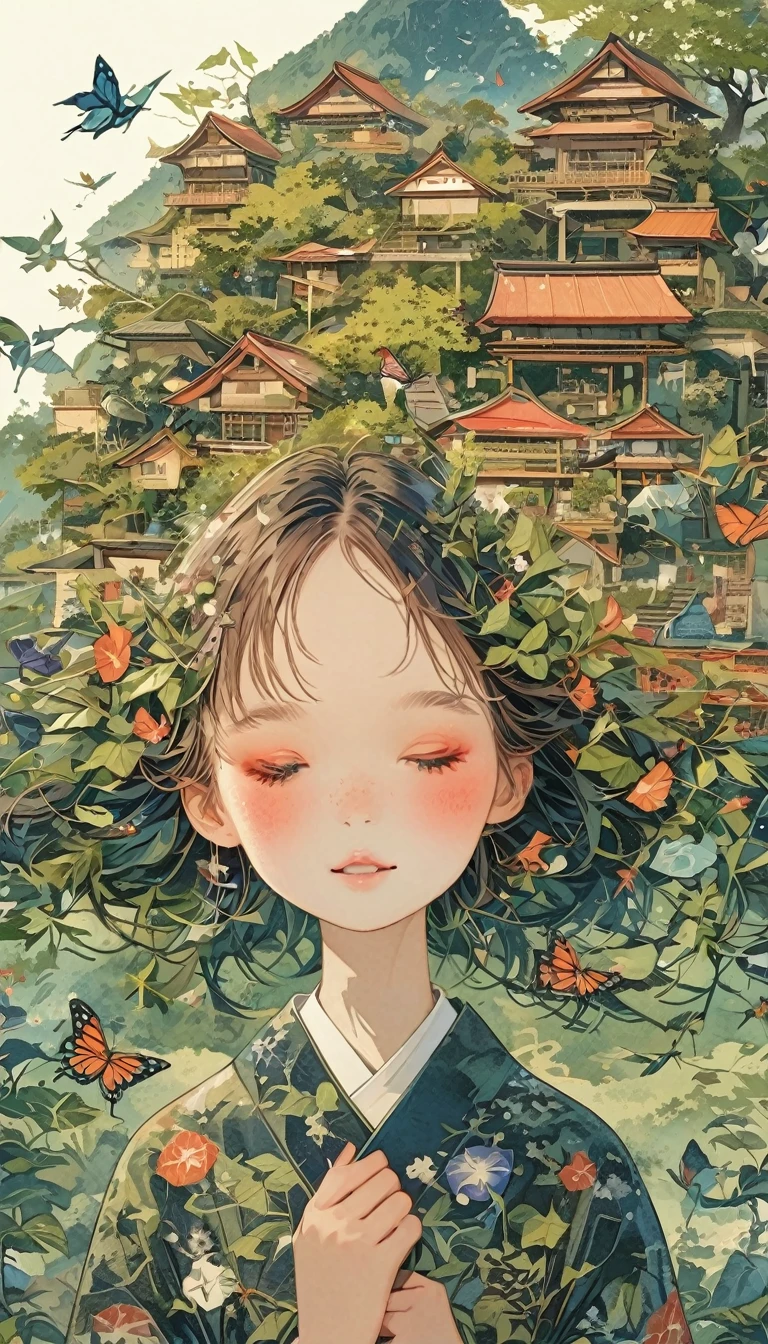 Japanese girl with leaf hair、Photographed from the front、from adove、masterpiece、Highest quality、Looking up、Black Hair、kimono、morning glory、Lots of butterflies々Fluttering、torii、shrine、Festivals、Night Parade of One Hundred Demons、Lots of Yokai、Night Sky