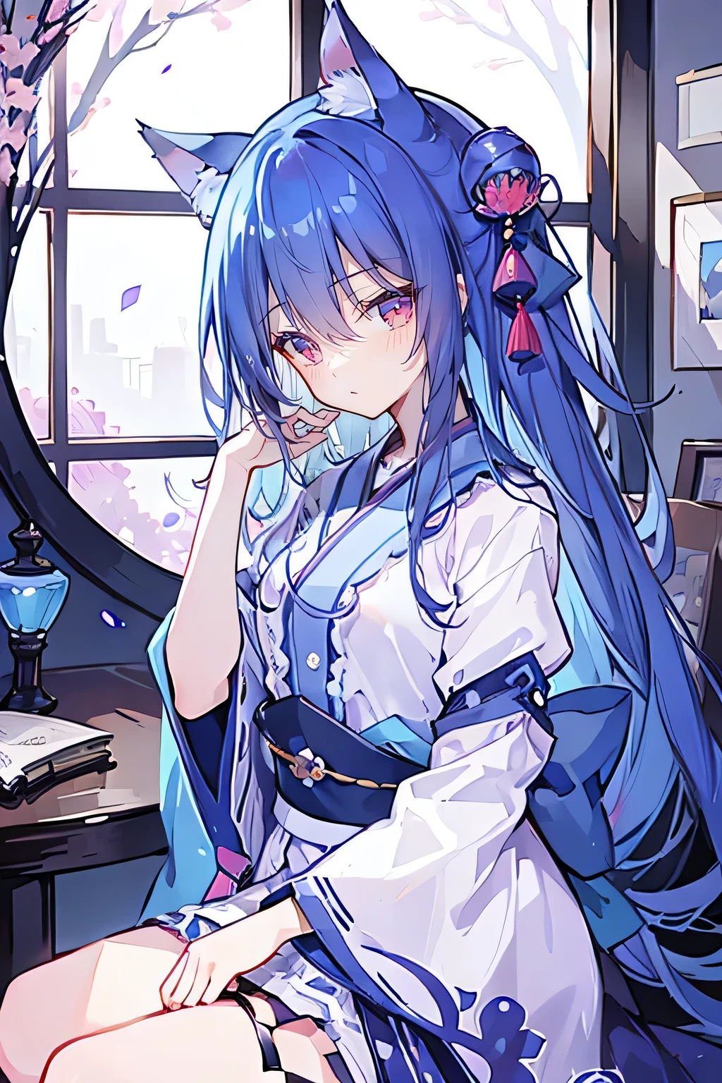 (Masterpiece:1.2),Ultra-detailed,lifelike,The eyes are expressive,Fair skin,Perfect face shape,1 girl,Japanese Manga,Gorgeous blue hair,Flowing blue hair,Flowing clothes,Cat ears,Petals falling,Shy face,sitting on window,Place your hand on your lips,