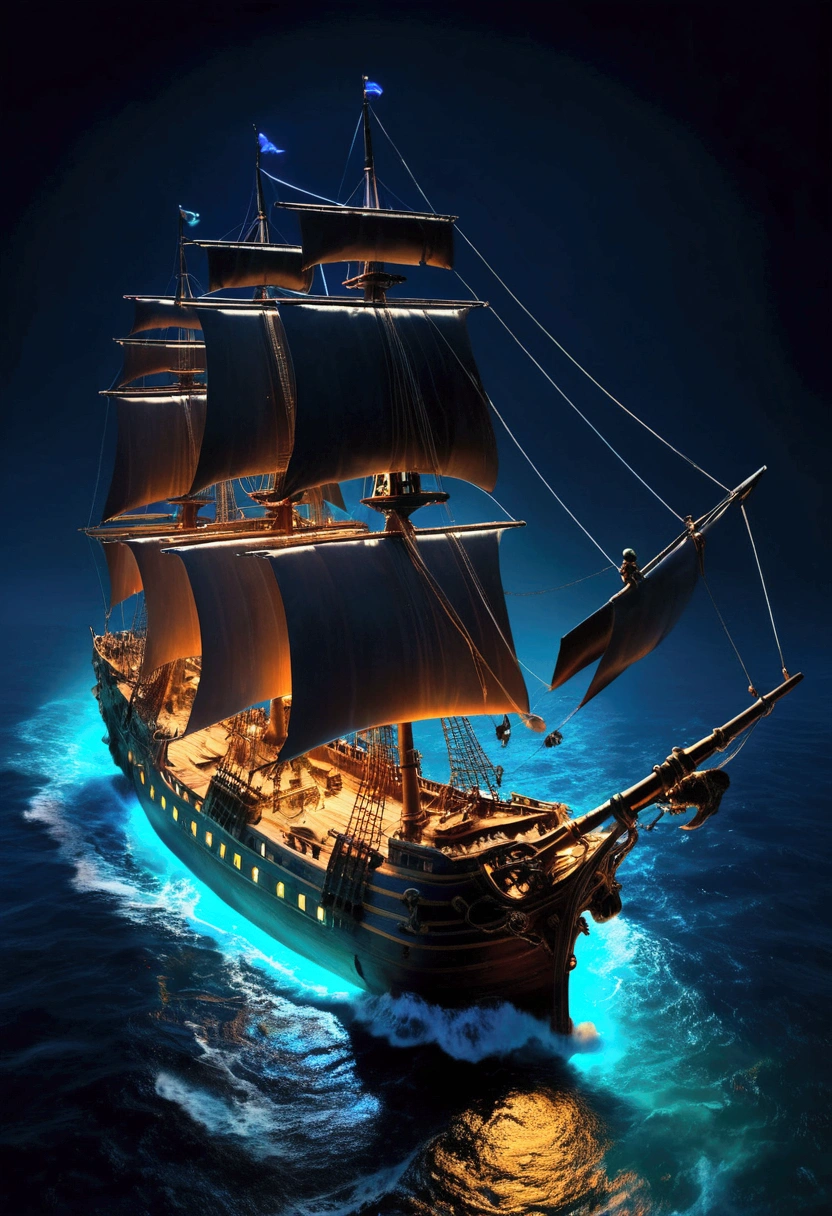 (Pirate War, ship, sea, from above), in the style of neon lights, captivating chiaroscuro, dynamic movement, full body, (special effects:0.1), award-winning, cinematic still, emotional, vignette, dynamic, vivid, (masterpiece, best quality, photorealistic, Professional, perfect composition, very aesthetic, absurdres, ultra-detailed, intricate details:1.3)