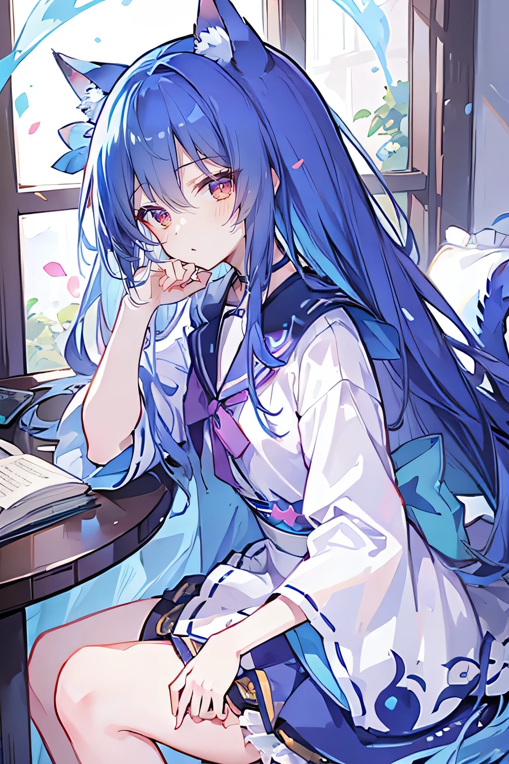 (Masterpiece:1.2)，Ultra-detailed，lifelike，The eyes are expressive，Fair skin，Perfect face shape，1 girl，Japanese Manga，Gorgeous blue hair，Flowing blue hair，Flowing clothes，Cat ears，Petals falling，Shy face，sitting on window，Place your hand on your lips，