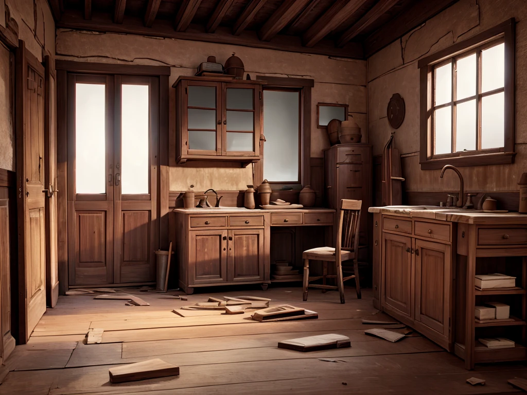 An old house with broken windows and creaking wooden doors.