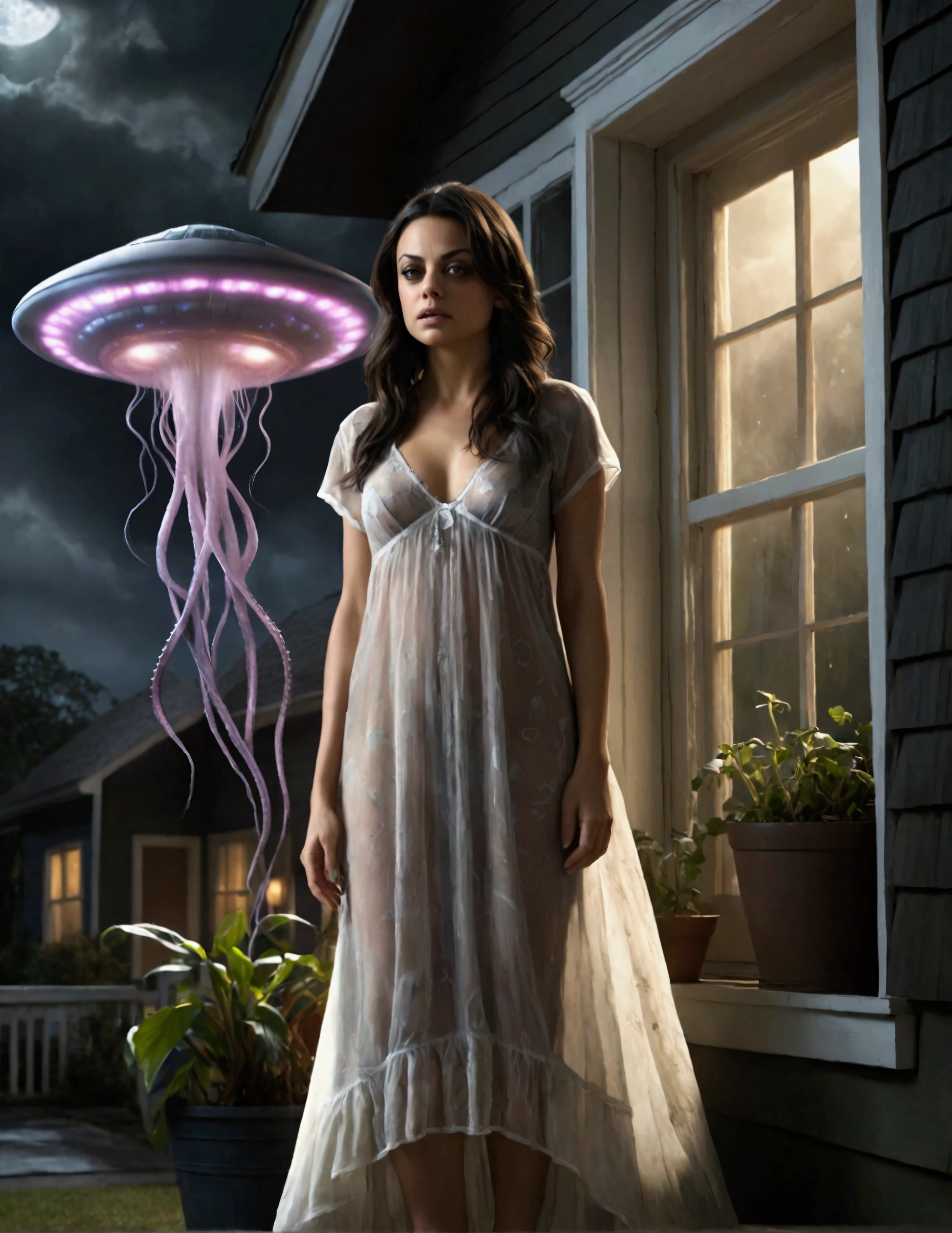 a beautiful young woman (Mila Kunis, age 25), wearing a sheer nightgown, standing in a trance-like state outside her house, a UFO hovering outside the window, extending giant slimy eldritch tentacles that restrain her arms and legs as it draws her into the UFO, dark moody lighting, cinematic composition, highly detailed, photorealistic, concept art style