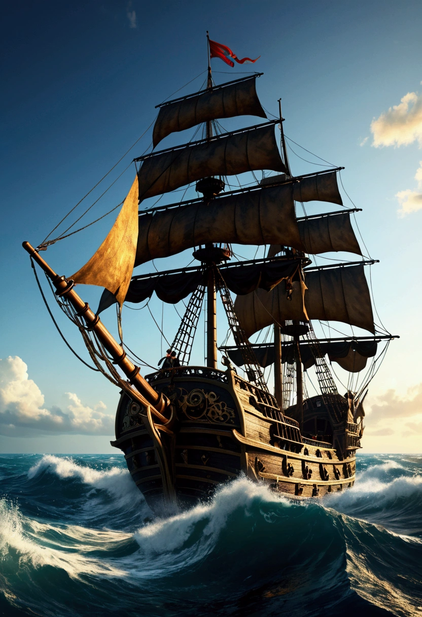 Pirate War, sea, by tim_white, cinematic still, chiaroscuro, dynamic, (best quality, masterpiece, photorealistic), very aesthetic, perfect composition, intricate details, ultra-detailed, vivid colors