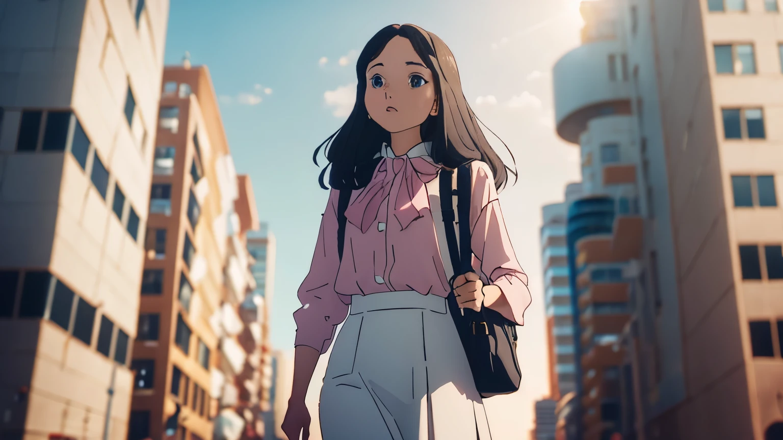 a young woman, around 20 years, with long dark hair, dressed in a pink blouse and a white skirt,with a colorful backpack, walk slowly,The camera opens with a WIDE SHOT of a bustling platform in a modern city. The sunlight shines brightly, reflecting in the white buildings that rise majestically in the background. The scene is full of life: people of all ages walk quickly, some talking, 