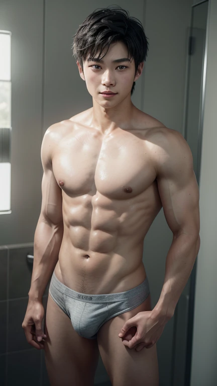 Japanese Boy, , Muscular and smooth skin, Very short black hair, Relaxed and friendly smile, Wearing light grey boxer briefs, Full body shot from head to toe, Posing in the bathroom, (Highest quality,4K,8k,High resolution,masterpiece:1.2),Very detailed,(Realistic,photoRealistic,photo-Realistic:1.37),Very detailed顔, Detailed eyes, Nose and lips, Detailed muscles, Glowing Skin, Soft lighting, Warm tones, Structure of the film