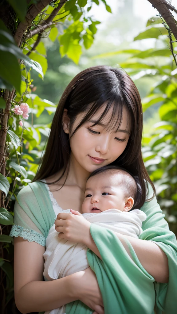studio photo portrait that encapsulates the essence of motherhood with a japanese woman in her thirties tenderly cradling her two-month-old . The scene is set against an fairy themed backdrop, adorned with mystical green colors evoking the feeling of coziness and familial love. capture the intricate details in the highest resolution possible (8K), ensuring every aspect of the serene moment is vividly portrayed, mother looking at camera