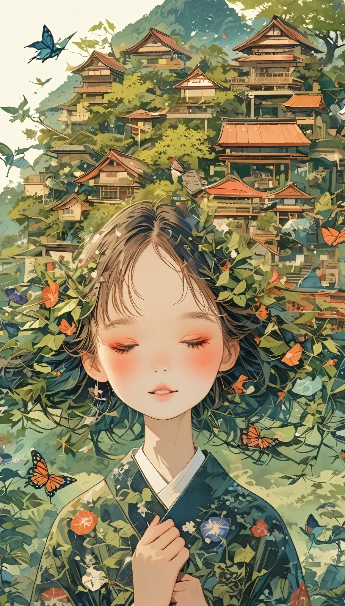 Japanese girl with leaf hair、Photographed from the front、from adove、masterpiece、Highest quality、Looking up、Black Hair、kimono、morning glory、Lots of butterflies々Fluttering、torii、shrine、Festivals、Night Parade of One Hundred Demons、Lots of Yokai、Night Sky