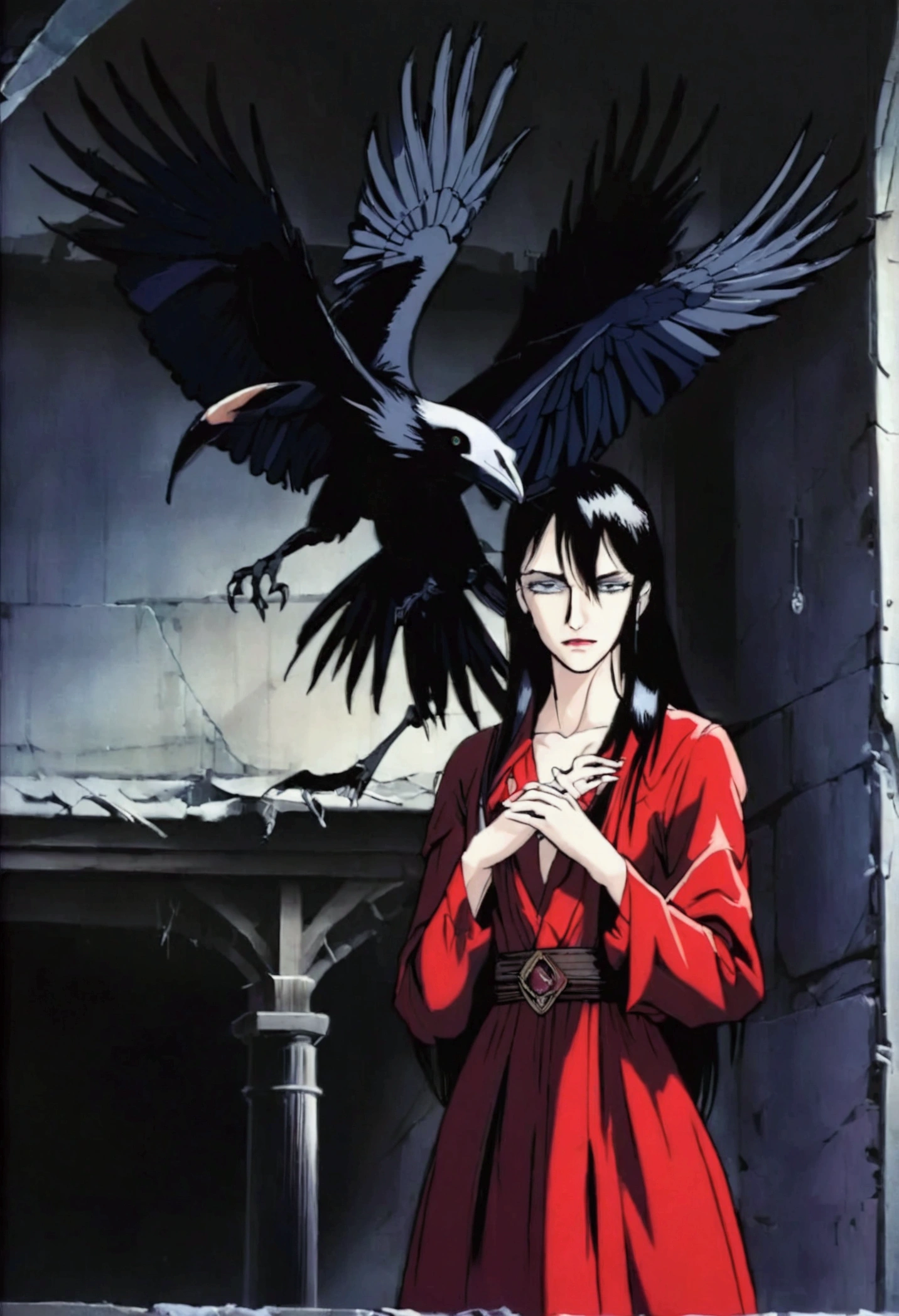 (q hayashida )(Raven)girl,Fangs,Long hair,Blood,fear,Black and White,high quality,detail,complex,gorgeous,brilliant,architecture,knife,sword,firearm,charming,