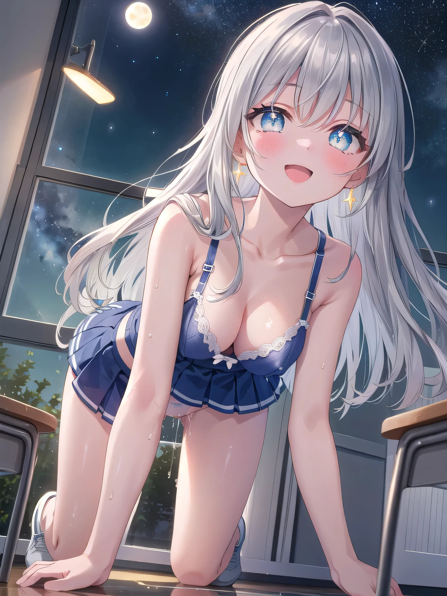 (8K, Highest quality, Masterpiece:1.3)), Ultra high quality, (1 girl, 1 person), (Color changing eyes, Ultra detailed, Expressive glow, Sparkling eyes), Very detailed eyes, Very detailed face, Random hair, (Silver gray color), Exposed, Cheerleader, (Night view, Starry sky:1.2), (Cute bra and cute panties:1.2), (Ecstatic expression:1.3), On all fours, Erect nipples, Angle from below, Pussy juice running down thighs, White skin, classroom, Moonlight, Fantastic light