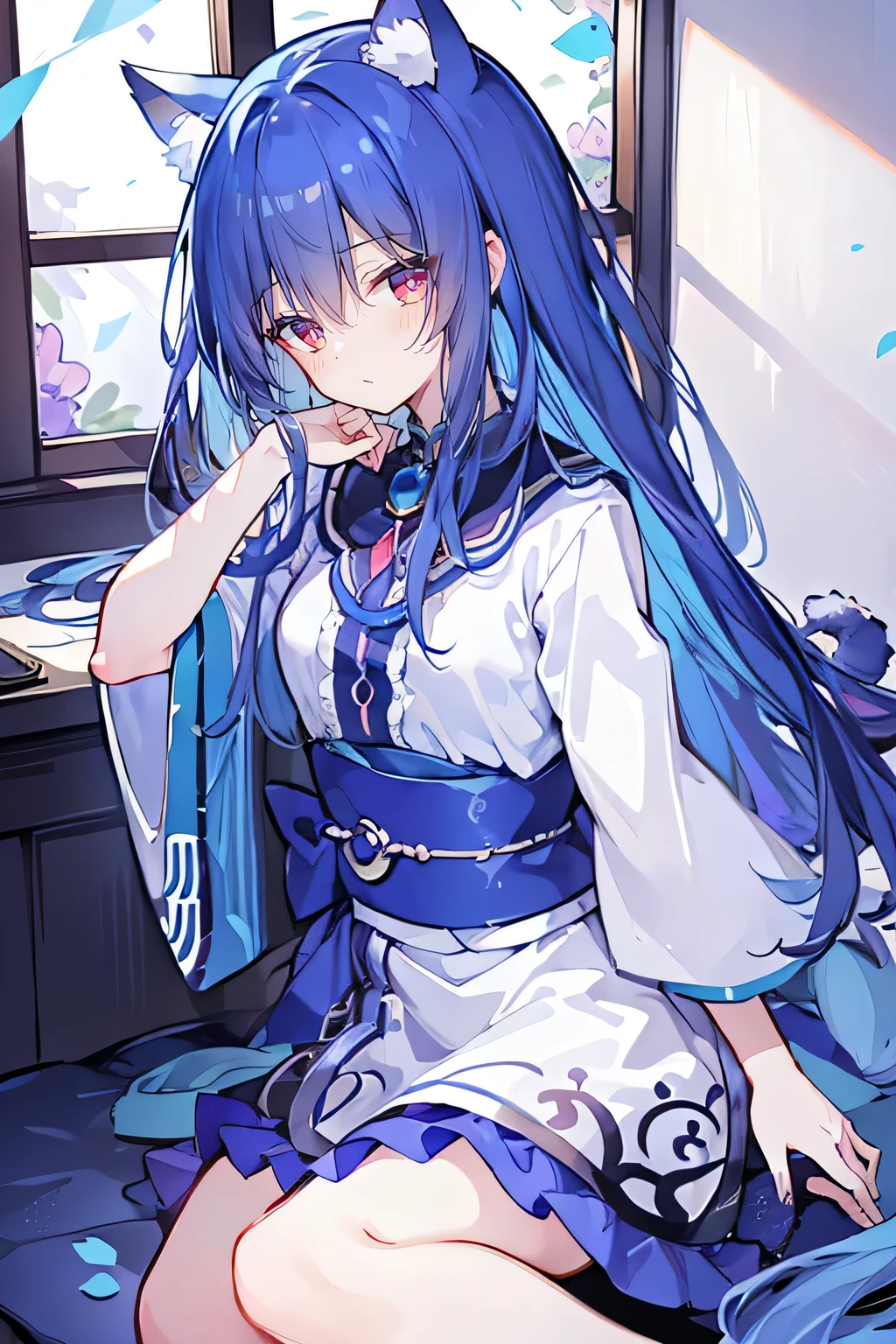 (Masterpiece:1.2),Ultra-detailed,lifelike,The eyes are expressive,Fair skin,Perfect face shape,1 girl,Japanese Manga,Gorgeous blue hair,Flowing blue hair,Flowing clothes,Cat ears,Petals falling,Shy face,sitting on window,Place your hand on your lips,