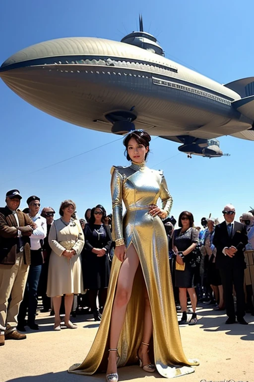 Woman in futuristic dress stands in front of a large crowd of people, large dieselpunk flying airships, dribble, Inspired by Gil Elvgren, fantasy paladin female, Inspired by Mark Brooks, [ Bubble, Portrait of Helen of Troy, Science - Fi : :, golden armor