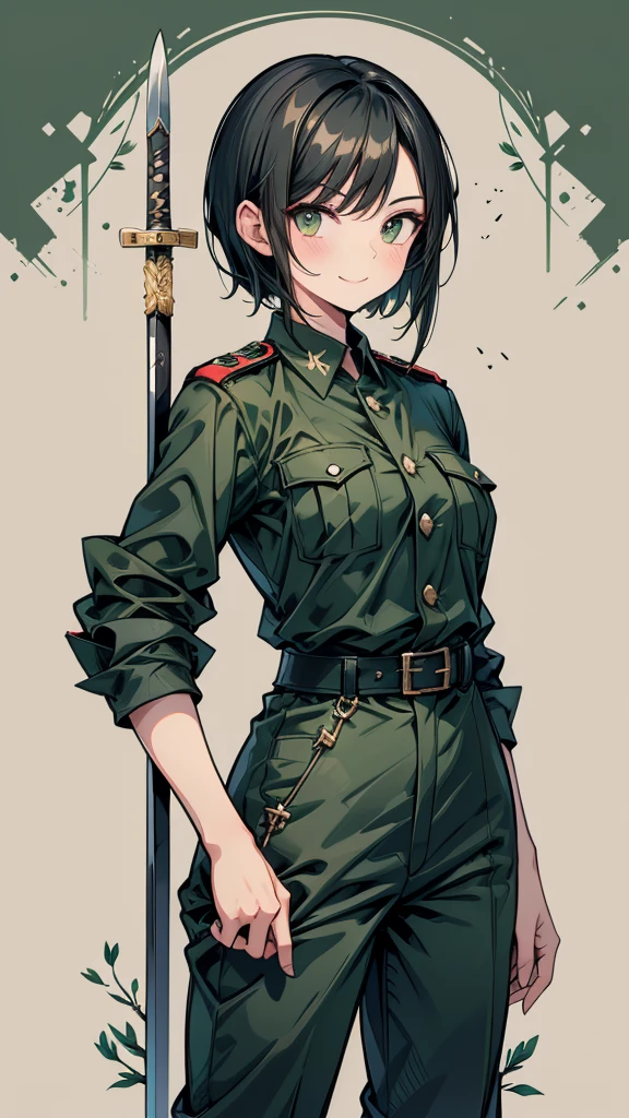 woman　short hair　Black Hair　expensive　Narrow eyes　smile　Glare　frivolous attitude　Dark green German military uniform　pants　Roll up your sleeves　Have a long spear　Hold the sword at your waist　a Shiba Inu　battlefield