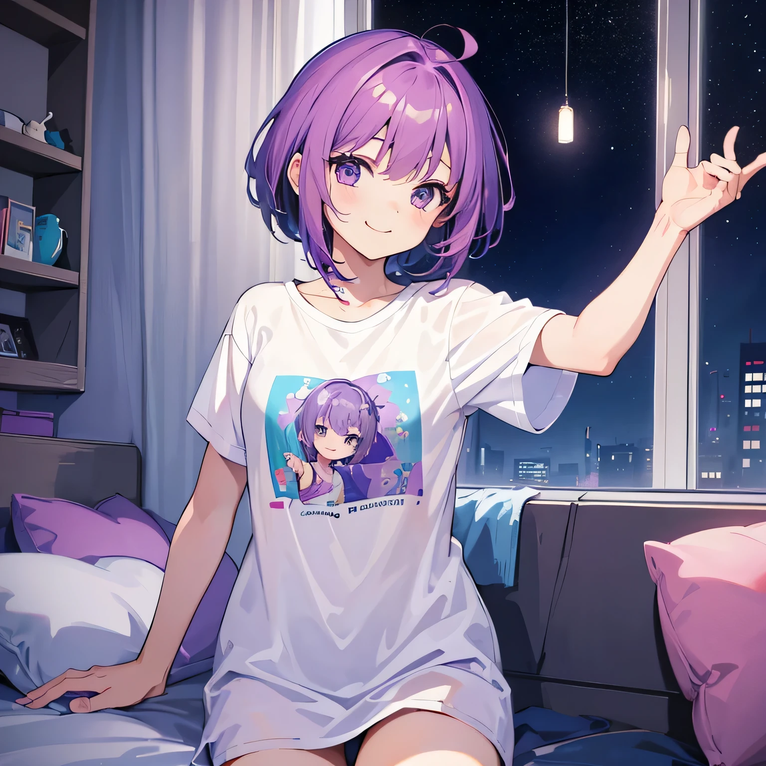 (T Masterpiece，4K wallpaper，Best Quality))、((girl１people))、(solo)、Bright and Brilliant，(Purple Hair)、(short hair:1.3)、smile、Bedroom、T-Shirts、night