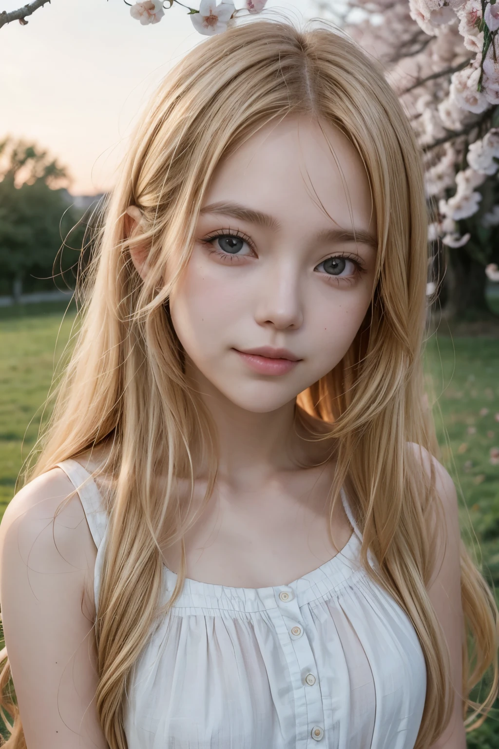 Blonde girl with long hair and brown eyes under cherry trees on a sunset. Slightly droopy eyes and dimples