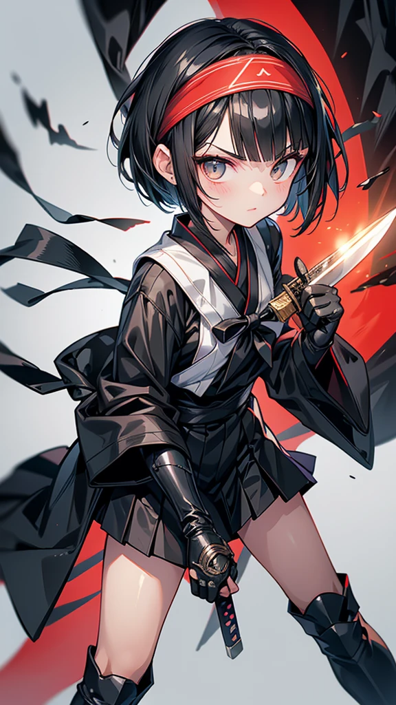 mature　Bobcut　Black Hair　expensive　Narrow eyes　Glaring at me　Glare　frivolous attitude　Black Sailor Suit　Japanese Armor　Wear a headband around your forehead　tiny hand　Hand guard　gloves　Black boots　Holding a Japanese sword　battlefield