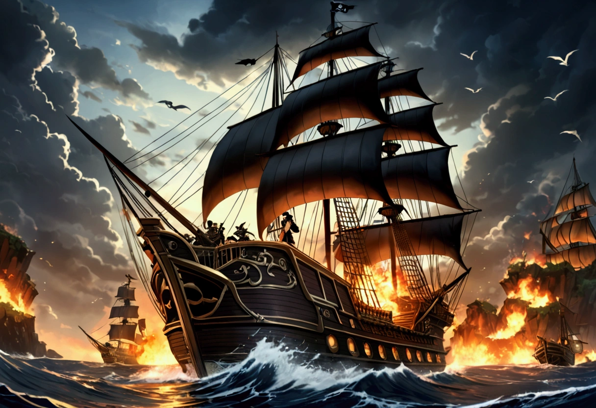 a pirate ship in a fierce battle, massive ship-to-ship combat, dramatic clouds, crashing waves, cannon fire, pirates fighting with swords and guns, detailed pirate crew members, realistic water effects, dramatic lighting, cinematic composition, muted color palette, dark and moody atmosphere