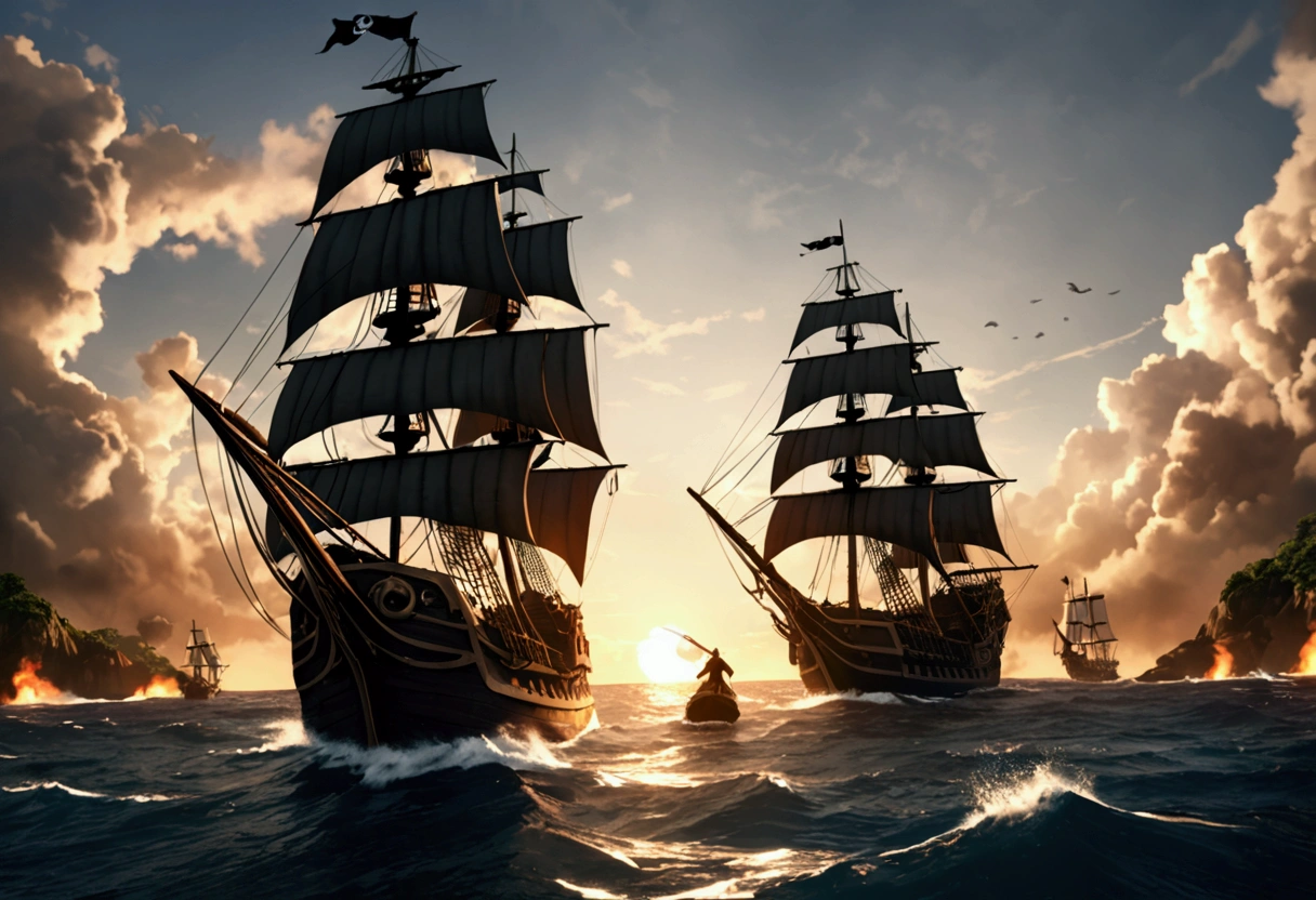 a pirate ship in a fierce battle, massive ship-to-ship combat, dramatic clouds, crashing waves, cannon fire, pirates fighting with swords and guns, detailed pirate crew members, realistic water effects, dramatic lighting, cinematic composition, muted color palette, dark and moody atmosphere