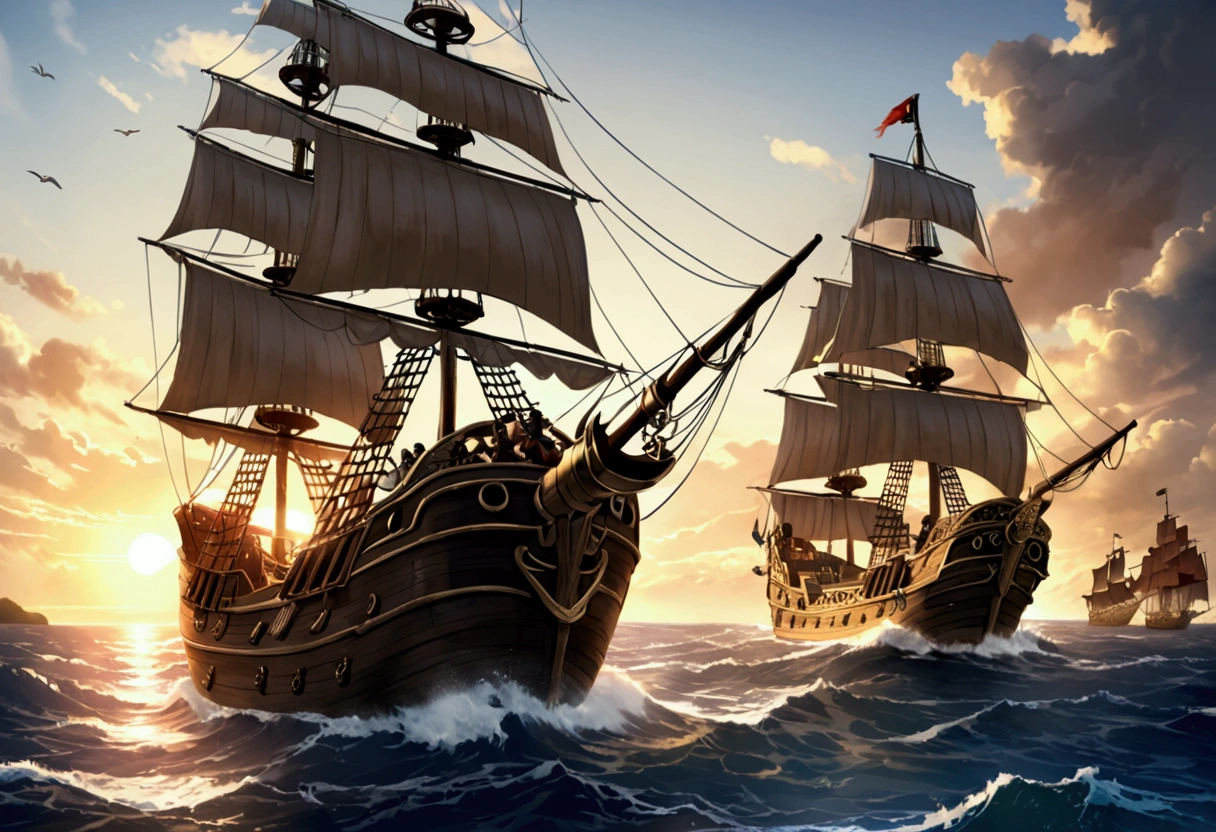 a pirate ship in a fierce battle, massive ship-to-ship combat, dramatic clouds, crashing waves, cannon fire, pirates fighting with swords and guns, detailed pirate crew members, realistic water effects, dramatic lighting, cinematic composition, muted color palette, dark and moody atmosphere