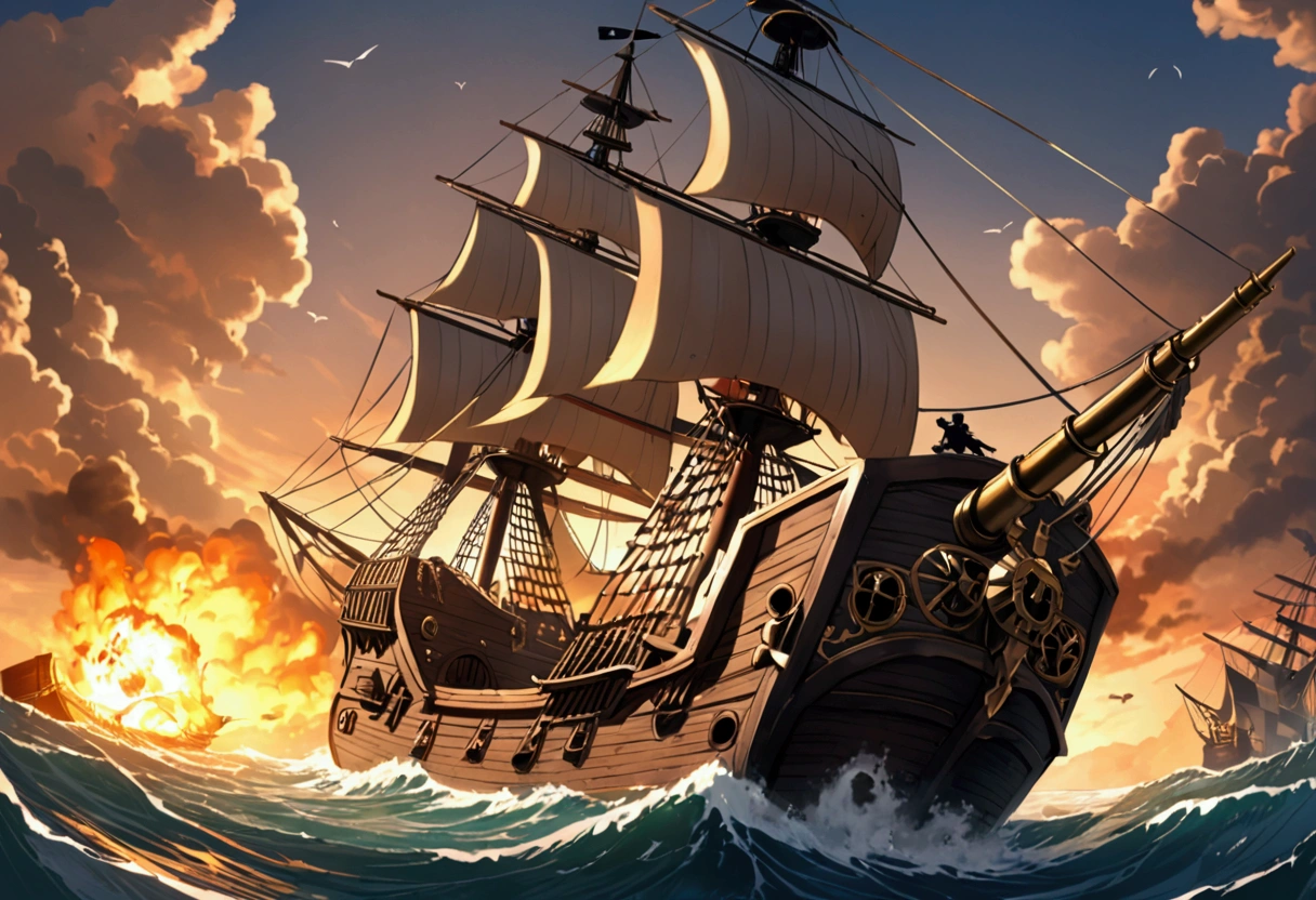 a pirate ship in a fierce battle, massive ship-to-ship combat, dramatic clouds, crashing waves, cannon fire, pirates fighting with swords and guns, detailed pirate crew members, realistic water effects, dramatic lighting, cinematic composition, muted color palette, dark and moody atmosphere