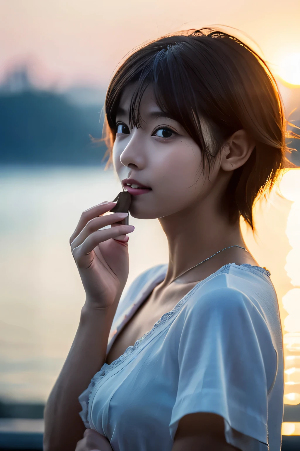(Hyper Reality: 1.35), (Realistic: 1.4), A beautiful Japanese woman, smile, alone. (((No makeup))), masterpiece, 最high quality, high quality, alone, Very good, Puberty, Only one girl, Well-trained slim body, muscular, slim body, breasts apart, (最high quality)),((Very delicate and beautiful)),((Very shallow depth of field)), ((Incredibly shallow depth of field)). Familiar, ((Very delicate and beautiful)), (((Very shallow depth of field))), (((Unbelievably absurd))), dark brown hair, blowing boyish bob hair, shag messy hair, wolf cut, big hair, Windで揺れる髪, Slim body type, ((( Camera Eye)))), (((small ))), Looks like a salon model, Cool face, Neutral facial features,(ecstasy:1.3) ,(slut:1.2),(vulgarity:1.3),(fucked silly:1.1),(steam:1.1),(Wet:0.8),(trembling:0.8),(tears:0.7) ,(drooling:0.6),(sweat:0.8),open mouth,  poor, Dynamic Angle, Focus on women, {Particles of light}, Detailed Background, Soft lighting, (dramatic), sunset, very beautiful sunset, Live Action, Realistic, (blurred background), (((11 years old))), (((Wind))), ((Movement)), ((emotion)), ((colorful)), ((Baby Face)), Wither, sea background, (((Cowboy Shot))),(((nsfw))),