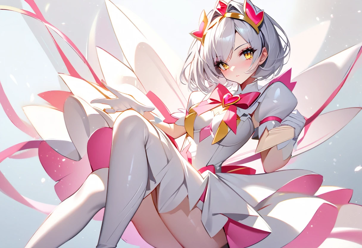 cure holy(magical girl, cool beauty, middle breast, tiara, short hair, silver hair, gold eyes, simple white dress, white long boots, white opera gloves), tracing(Hold out one hand)