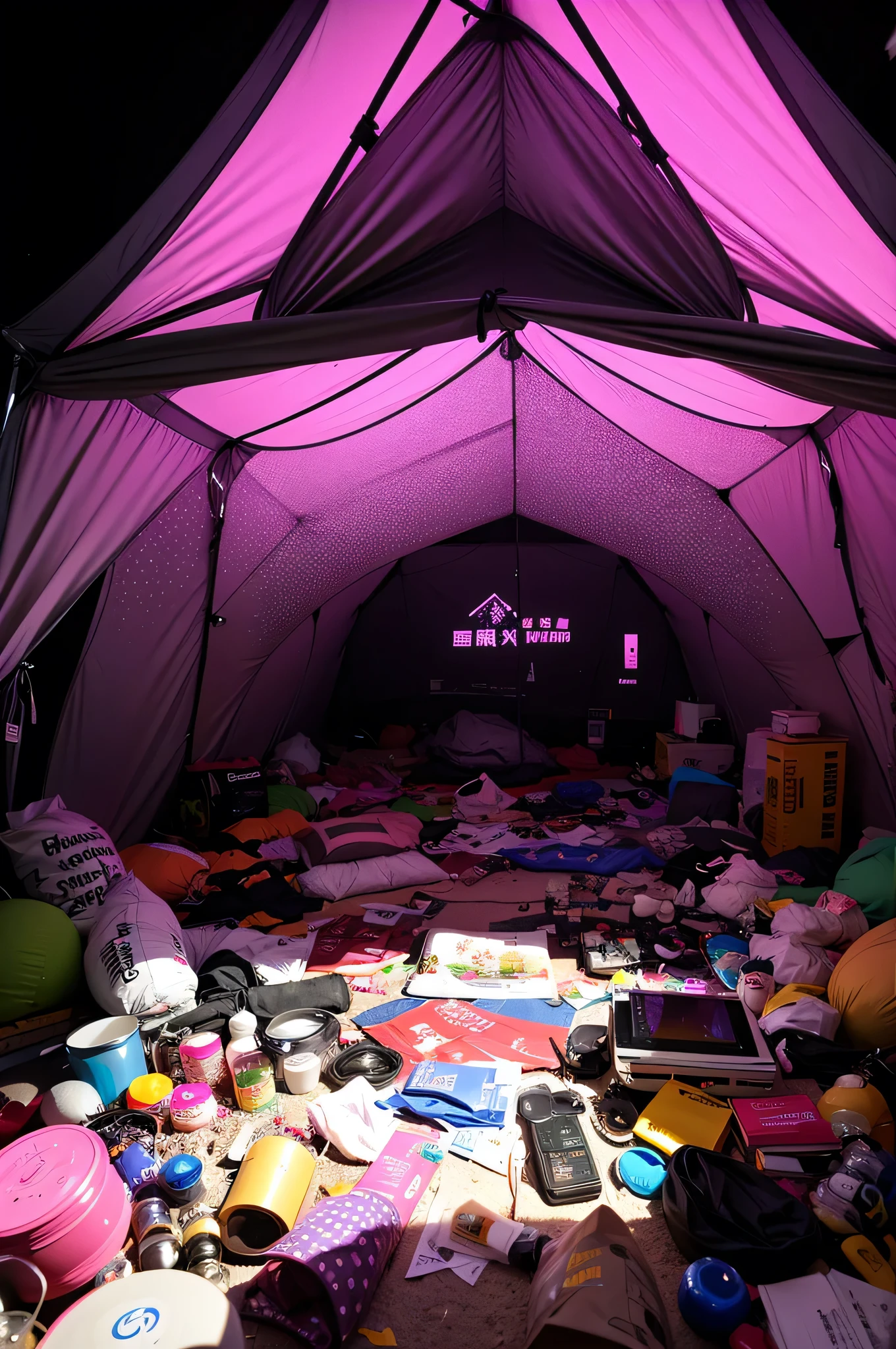 Inside the tent、midnight、darkness、A lot of trash、Pink Neon Light