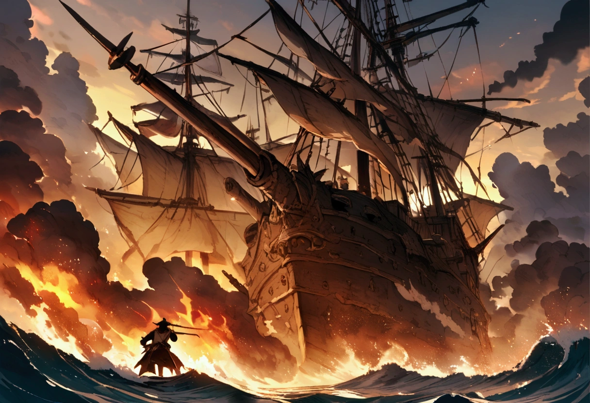 a pirate ship in a fierce battle, massive ship-to-ship combat, dramatic clouds, crashing waves, cannon fire, pirates fighting with swords and guns, detailed pirate crew members, realistic water effects, dramatic lighting, cinematic composition, muted color palette, dark and moody atmosphere