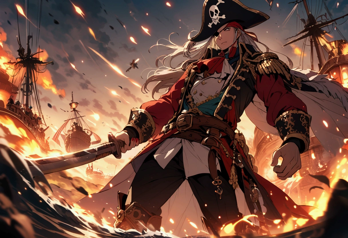 a pirate ship in a fierce battle, massive ship-to-ship combat, dramatic clouds, crashing waves, cannon fire, pirates fighting with swords and guns, detailed pirate crew members, realistic water effects, dramatic lighting, cinematic composition, muted color palette, dark and moody atmosphere