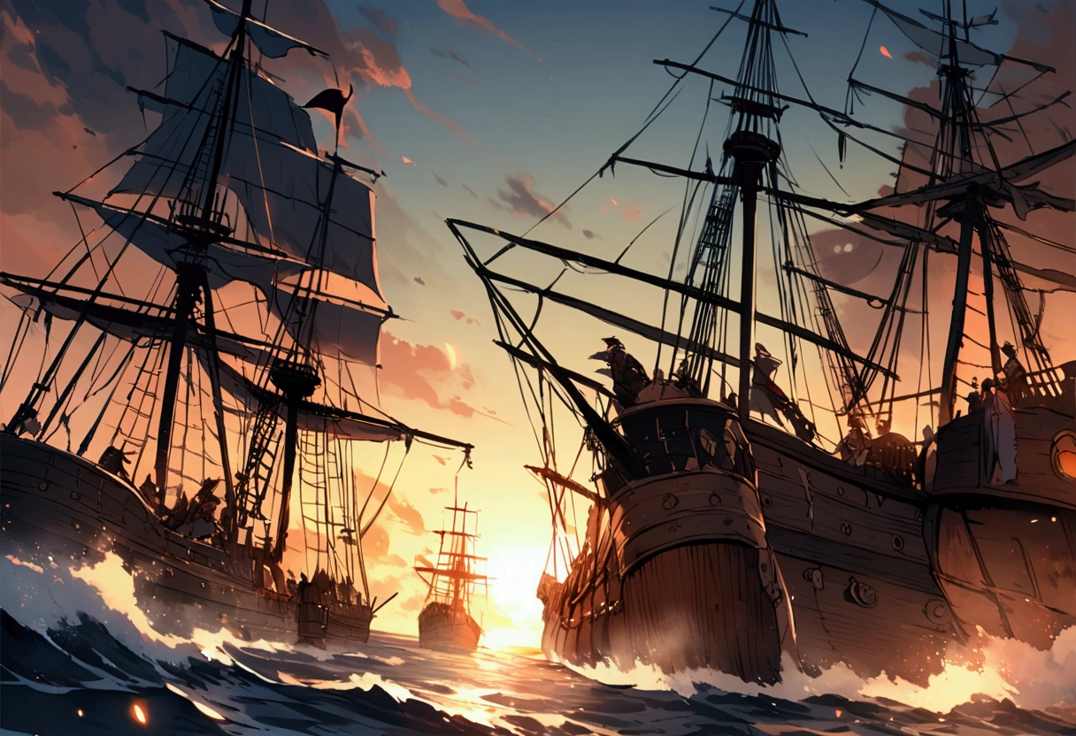 a pirate ship in a fierce battle, massive ship-to-ship combat, dramatic clouds, crashing waves, cannon fire, pirates fighting with swords and guns, detailed pirate crew members, realistic water effects, dramatic lighting, cinematic composition, muted color palette, dark and moody atmosphere