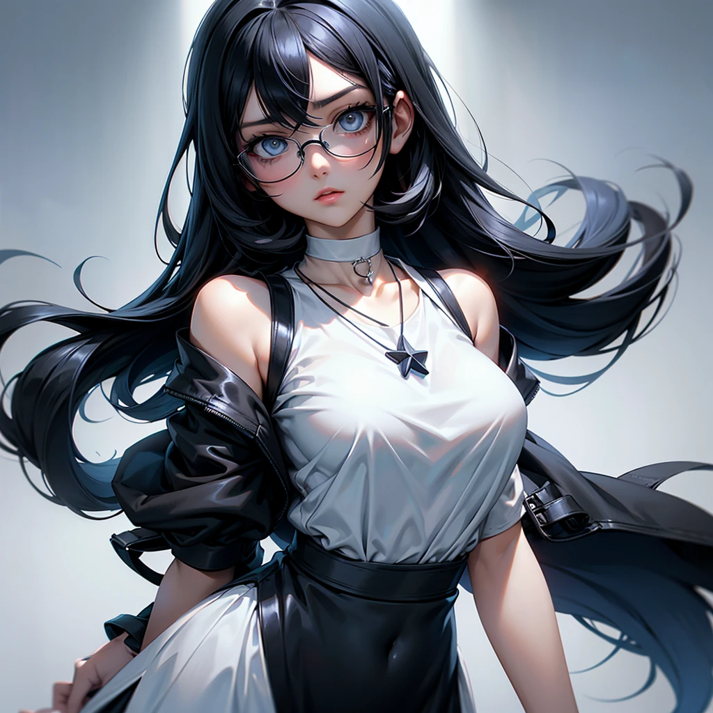 Make a girl with medium black hair, tight anime themed clothes, Colors black, blue and white. Slanted eyes in black, wearing white round glasses, wearing a star necklace and a completely plain white dress.