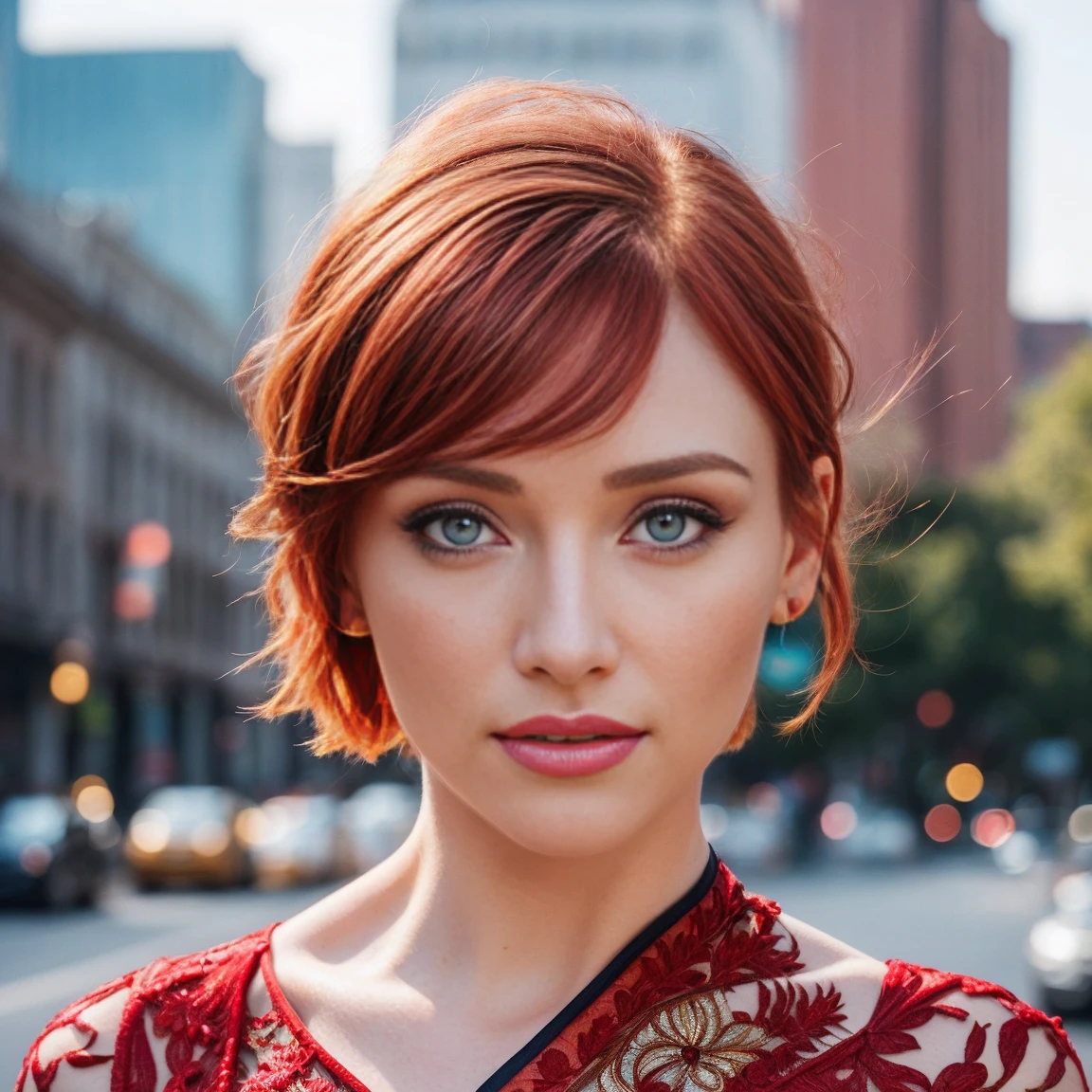 Masterpiece, (Bryce Dallas Howard: 0.5), half body, 1 girl,  playful smile, high detail face, high detail skin, fashion red dress, (high detail eyes:1.3), short hair, red hair, (small breasts:1.2), (strong athletic body), city park background, (UHD, 8K wallpaper, High resolution), Cinematic lighting, award-winning, extremely white detailed skin, extra detailed face, high detail eyes, photo-realistic, Zeiss 85 mm F/1.4, by Ellen von Unwerth
