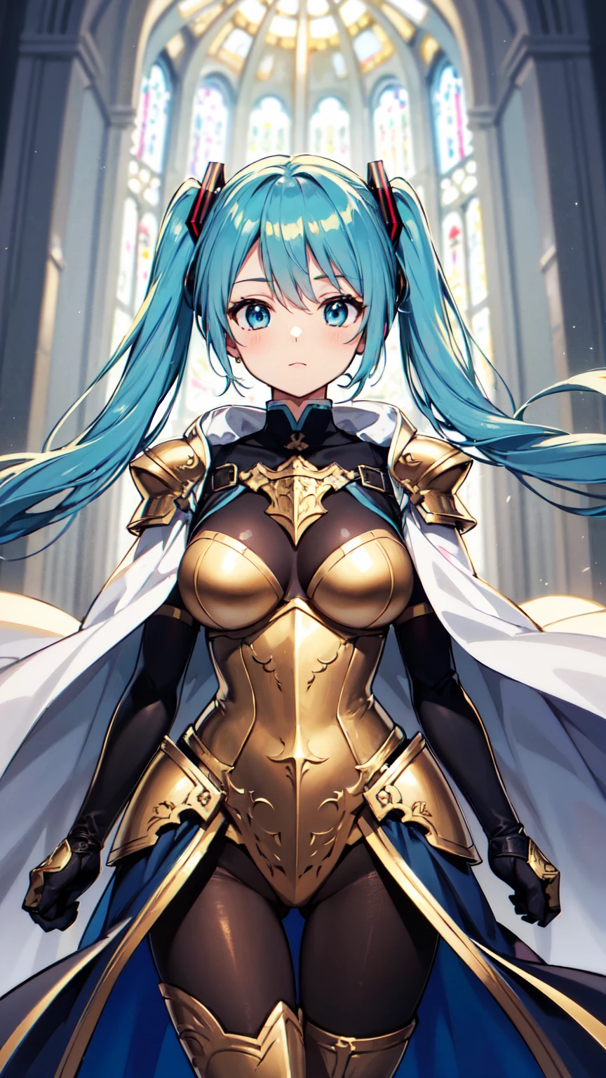 masterpiece, Highest quality, 8K Hatsune Miku VOCALOID, Light blue hair、Light blue eyes、 1 Female, Big Breasts, Equip Cloak, ((The armor is white and gold))、((Gold engraving)), {{Full Armor}}, ((knight armor)), black tights, church