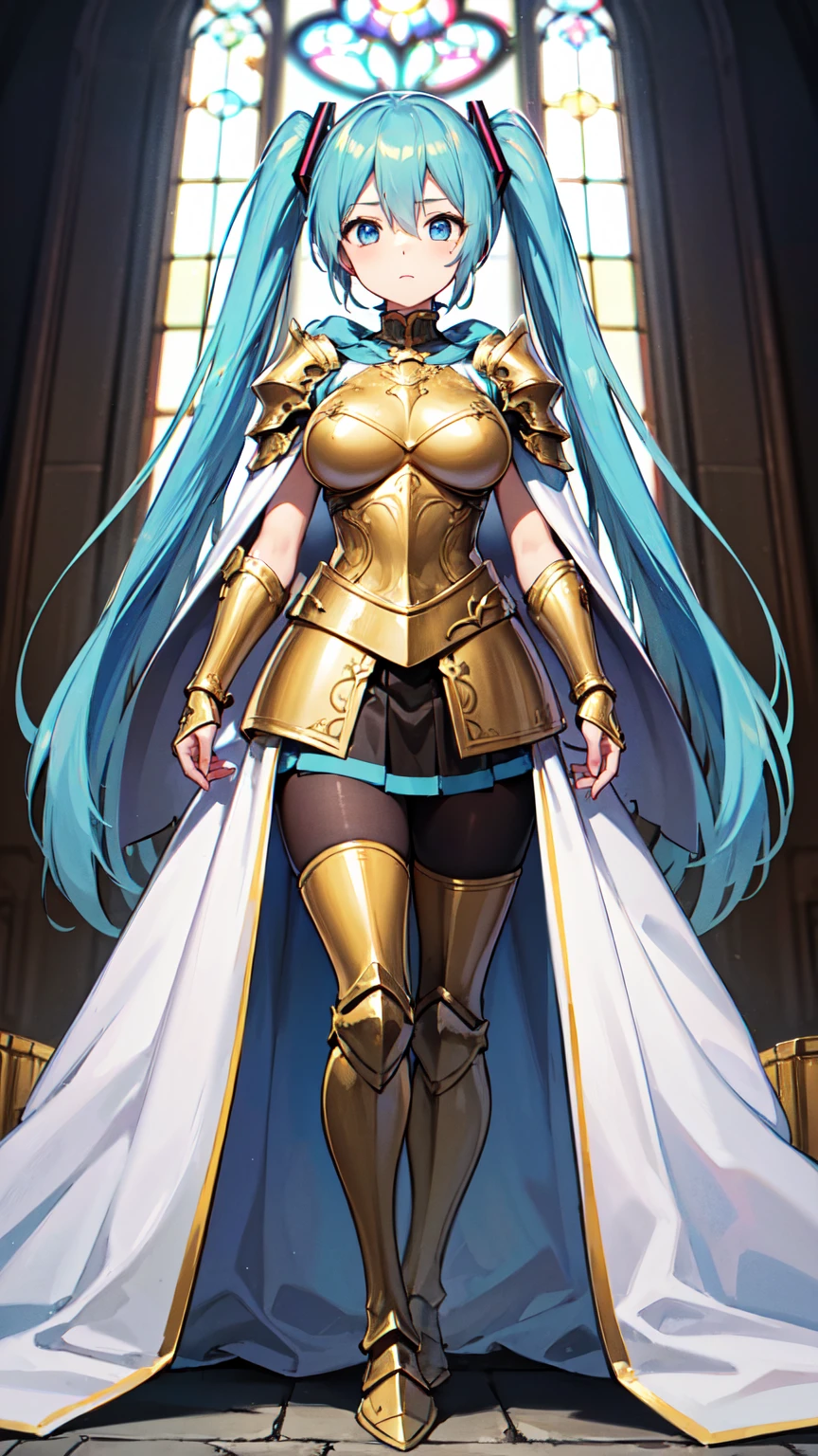 ((masterpiece)), best quality, photo, realism, Woman, sexy pose, NSFW, blue hair, ponty ears, Paladin, armor, red cape, helmet, holy armor, glowing in back, revealing armor cathedral on background, golden details in armor, golden details in cathedral