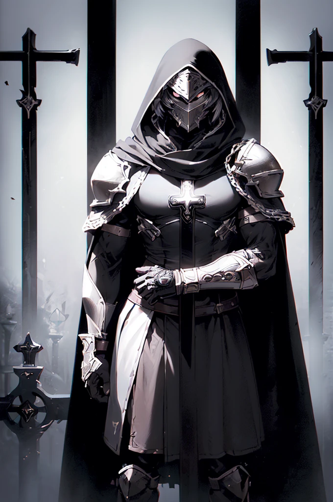 (masterpiece; best quality: 1.2), ((1 man)), ((solo)), (black eyes: 1.4), (body; toned, lean, masculine: 1.3), (beautiful and clear background: 1.2), ((depth of field)), (equipment: templar + surcoat with cross + chainmail shirt + closed helmet + leather gloves + greaves + black cloak : 1.3), (anime illustration: 1.2), (background composition; garden + plants: 1.1), (extremely fine and handsome: 1.1), (shot composition; standing + centered on torso + close-up: 1.5)