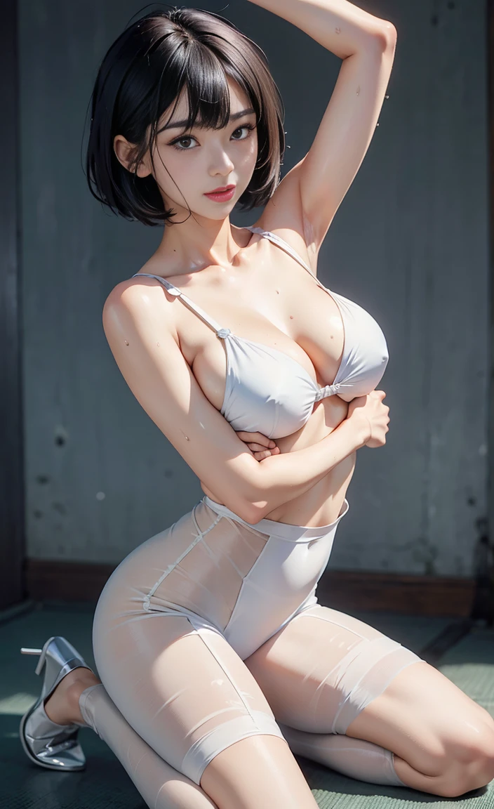8k. HDR.超Reality主义、Masterpiece 1.4、Wallop1.4、Movie、detailedice、Very detailed、Every detail is extremely realistic、Live Photo 1.4, Highest Quality 1.4、 Very detailed 1.4、Very detailed、Perfect Shadow、Low angle full body shot 1.2、1 photo、Business photo 1.4、50 mm 、Film Grain)))(((Short Bob、Bob Hairstyle、Black Hair、Bangs)))、(((Nurse、Nurse、Nurse帽、leggings、High heel)))((( Simple background、Blue gray background)))(((Sweaty body、Full body、)))(((Japanese woman, 20 years old、Small face1.3、5 finger body image 1.3)))、(Small Breasts、Small Breasts、Small Breasts、cup、Darkening of the armpits)、(Skin detail highlights veins that glitter in sweat、Delicate skin,Visible pores、Reality, Delicate skin is like soft hair, Skin is real and dense、Realistic face with freckles、Very delicate and beautiful face、beautiful and well-proportioned face、Very beautiful face)