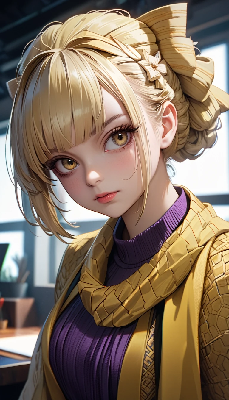 Stylish girl, Beautiful attention to detail, Beautiful lip detail, Highly detailed face, Long eyelashes, Complex clothing texture,  Vivid colors, Natural light, photoRealistic, 8k, (Highest quality:1.2), Super detailed, (Realistic:1.37), elegant, chic, Modern, very cute, Studio Lighting, Cinematic, (My Hero Academia's Himiko Toga:1.9)